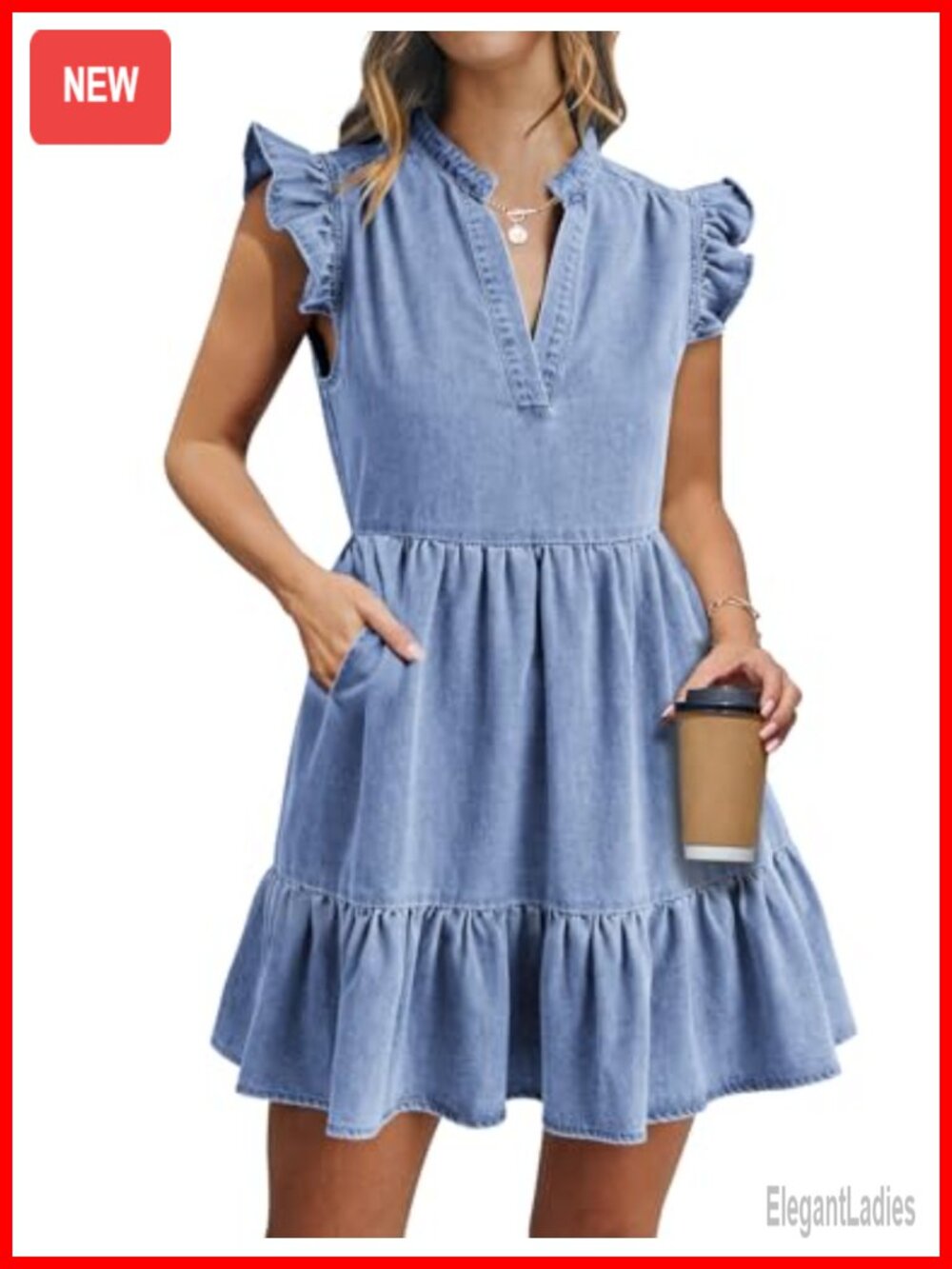Women's Denim Mini Dress with Pockets V-Neck Babydoll